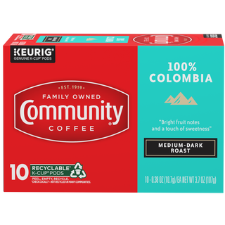 A ten-count box of Community Coffee One Hundred Percent Colombia medium-dark roast K-Cups, shown from the front.