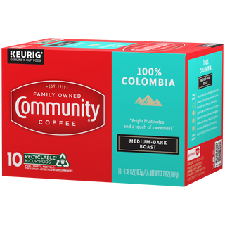 A ten-count box of Community Coffee One Hundred Percent Colombia medium-dark roast K-Cups, rotated a quarter-turn to the left.