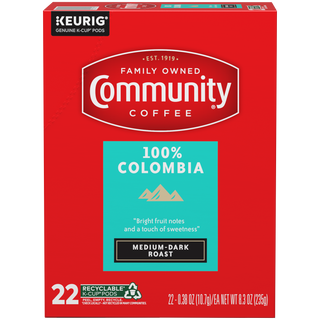 A twenty-two-count box of Community Coffee One Hundred Percent Colombia medium-dark roast K-Cups, shown from the front.