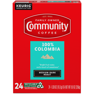 A twenty-four-count box of Community Coffee One Hundred Percent Colombia medium-dark roast K-Cups, shown from the front.