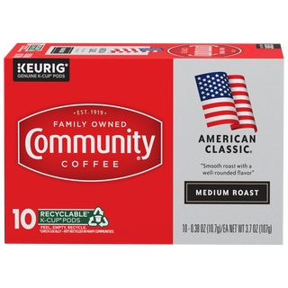 A ten-count box of Community Coffee American Classic medium roast K-Cups, shown from the front.