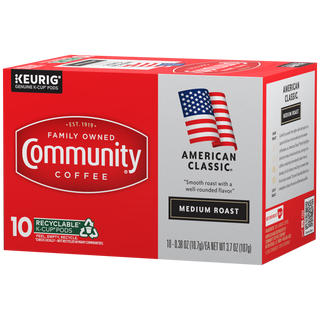 A ten-count box of Community Coffee American Classic medium roast K-Cups, rotated a quarter-turn to the left.
