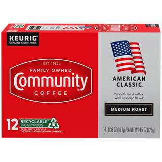 A twelve-count box of Community Coffee American Classic medium roast K-Cups, shown from the front.
