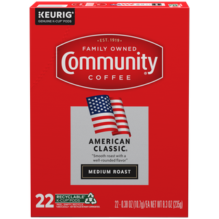 A twenty-two-count box of Community Coffee American Classic medium roast K-Cups, shown from the front.