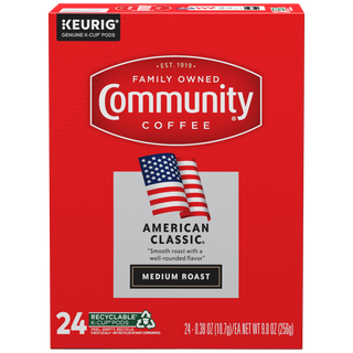 A twenty-four-count box of Community Coffee American Classic medium roast K-Cups, shown from the front.