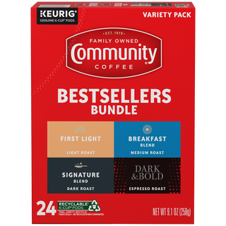A twenty-four-count variety box of Community Coffee K-Cups, including First Light light roast, Breakfast Blend medium roast, Signature Blend dark roast, and Dark & Bold Espresso Roast.