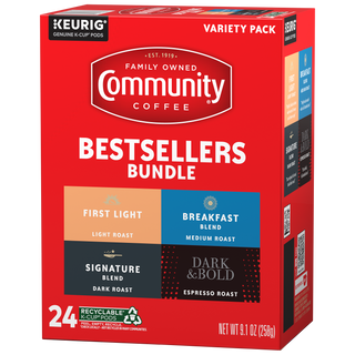 A twenty-four-count variety box of Community Coffee K-Cups, including First Light light roast, Breakfast Blend medium roast, Signature Blend dark roast, and Dark & Bold Espresso Roast.
