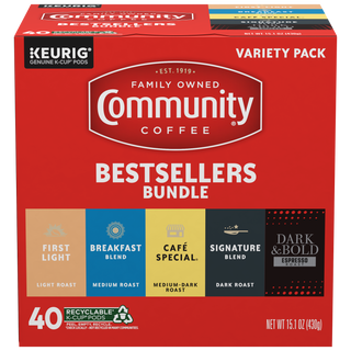 A forty-count variety box of Community Coffee K-Cups, including First Light light roast, Breakfast Blend medium roast, Cafe Special medium-dark roast, Signature Blend dark roast, and Dark & Bold Espresso Roast.