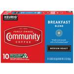 A ten-count box of Community Coffee Breakfast Blend medium roast K-Cups, shown from the front.