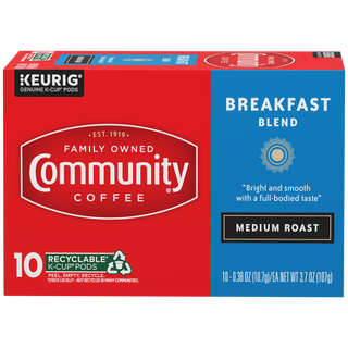 A ten-count box of Community Coffee Breakfast Blend medium roast K-Cups, shown from the front.