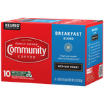 A ten-count box of Community Coffee Breakfast Blend medium roast K-Cups, rotated a quarter-turn to the left.
