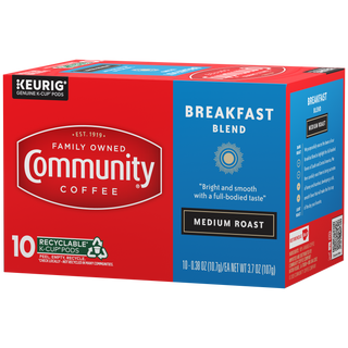 A ten-count box of Community Coffee Breakfast Blend medium roast K-Cups, rotated a quarter-turn to the left.