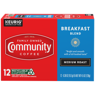 A twelve-count box of Community Coffee Breakfast Blend medium roast K-Cups, shown from the front.