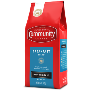 A twelve-ounce bag of ground Community Coffee Breakfast Blend medium roast, rotated a quarter-turn to the left.