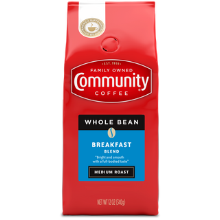 A twelve-ounce bag of whole bean Community Coffee Breakfast Blend medium roast, shown from the front.