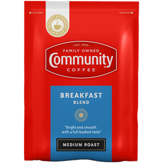 A two-point-five-ounce packet of ground Community Coffee Breakfast Blend medium roast, shown from the front.