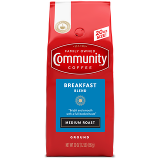 A twenty-ounce bag of ground Community Coffee Breakfast Blend medium roast, shown from the front.