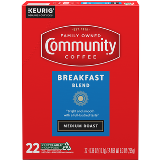 A twenty-two-count box of Community Coffee Breakfast Blend medium roast K-Cups, shown from the front.