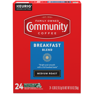 A twenty-four-count box of Community Coffee Breakfast Blend medium roast K-Cups, shown from the front.