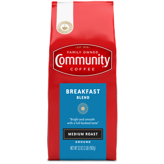A thirty-two-ounce bag of ground Community Coffee Breakfast Blend medium roast, shown from the front.