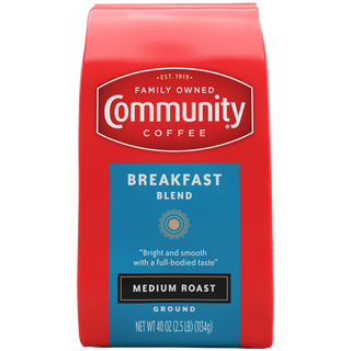 A forty-ounce bag of ground Community Coffee Breakfast Blend medium roast, shown from the front.
