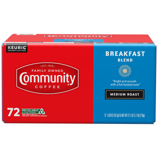 A seventy-two-count box of Community Coffee Breakfast Blend medium roast K-Cups, shown from the front.