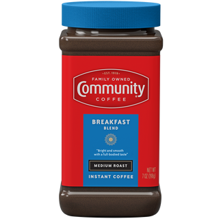 A seven-ounce jar of instant Community Coffee Breakfast Blend medium roast, shown from the front.
