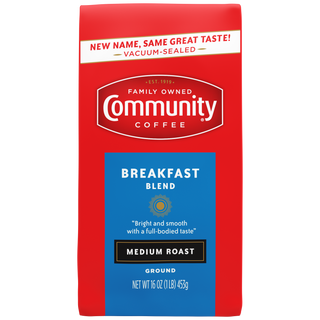 A sixteen-ounce bag of ground, vacuum-sealed Community Coffee Breakfast Blend medium roast, shown from the front.