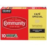 A ten-count box of Community Coffee Café Special medium-dark roast K-Cups, shown from the front.