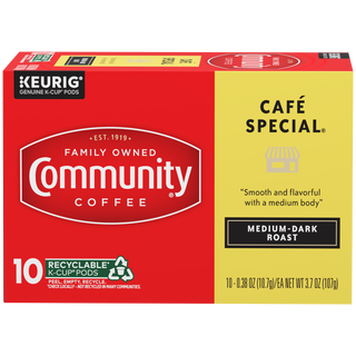 A ten-count box of Community Coffee Café Special medium-dark roast K-Cups, shown from the front.