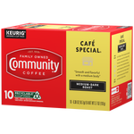 A ten-count box of Community Coffee Café Special medium-dark roast K-Cups, rotated a quarter-turn to the left.