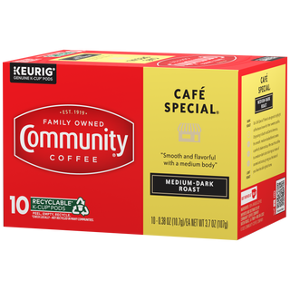 A ten-count box of Community Coffee Café Special medium-dark roast K-Cups, rotated a quarter-turn to the left.