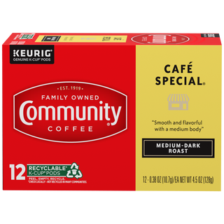 A twelve-count box of Community Coffee Café Special medium-dark roast K-Cups, shown from the front.