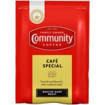 A two-point-five-ounce packet of ground Community Coffee Café Special medium-dark roast, shown from the front.