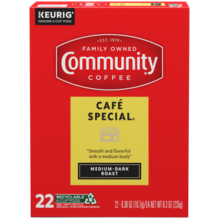 A twenty-two-count box of Community Coffee Café Special medium-dark roast K-Cups, shown from the front.