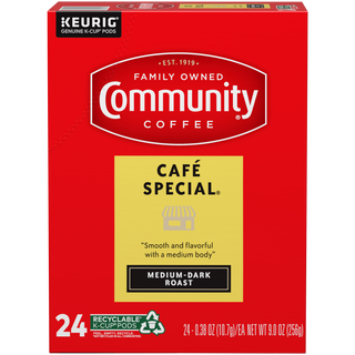 A twenty-four-count box of Community Coffee Café Special medium-dark roast K-Cups, shown from the front.