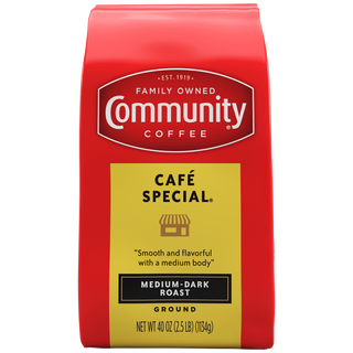 A forty-ounce bag of ground Community Coffee Café Special medium-dark roast, shown from the front.