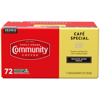 A seventy-two-count box of Community Coffee Café Special medium-dark roast K-Cups, shown from the front.