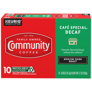A ten-count box of Community Coffee Café Special Decaf medium-dark roast K-Cups, shown from the front.