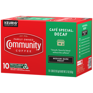 A ten-count box of Community Coffee Café Special Decaf medium-dark roast K-Cups, rotated a quarter-turn to the left.