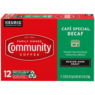 A twelve-count box of Community Coffee Café Special Decaf medium-dark roast K-Cups, shown from the front.