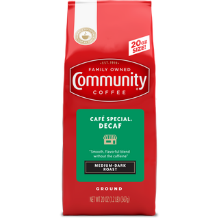 A twenty-ounce bag of ground Community Coffee Café Special Decaf medium-dark roast, shown from the front.