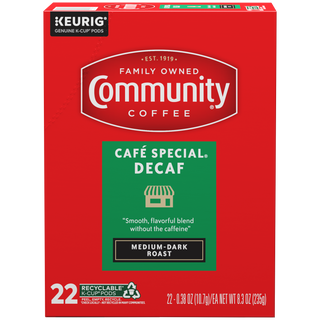 A twenty-two-count box of Community Coffee Café Special Decaf medium-dark roast K-Cups, shown from the front.