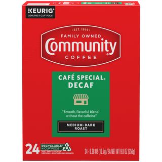 A twenty-four-count box of Community Coffee Café Special Decaf medium-dark roast K-Cups, shown from the front.
