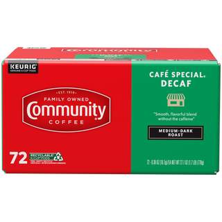 A seventy-two-count box of Community Coffee Café Special Decaf medium-dark roast K-Cups, shown from the front.
