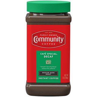 A seven-ounce jar of instant Community Coffee Café Special Decaf medium-dark roast, shown from the front.