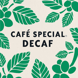 A graphic design reading CAFÉ SPECIAL DECAF, surrounded by illustrations of green coffee plants on a cream background.