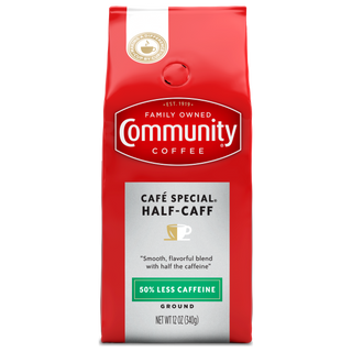 A twelve-ounce bag of ground Community Coffee Café Special Half-Caff, shown from the front.