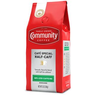 A twelve-ounce bag of ground Community Coffee Café Special Half-Caff, rotated a quarter-turn to the left.
