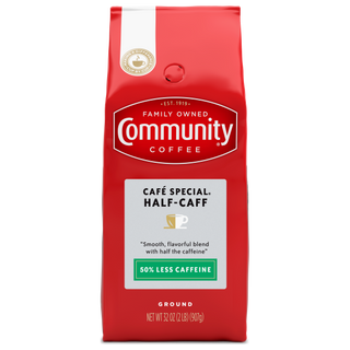A thirty-two-ounce bag of ground Community Coffee Café Special Half-Caff, shown from the front.
